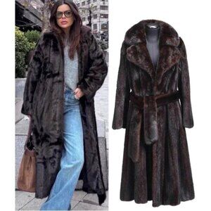 💥SHOWSTOPPER!💥Longline Faux Sable Mink Fur Coat in Glossy Espresso Brown
